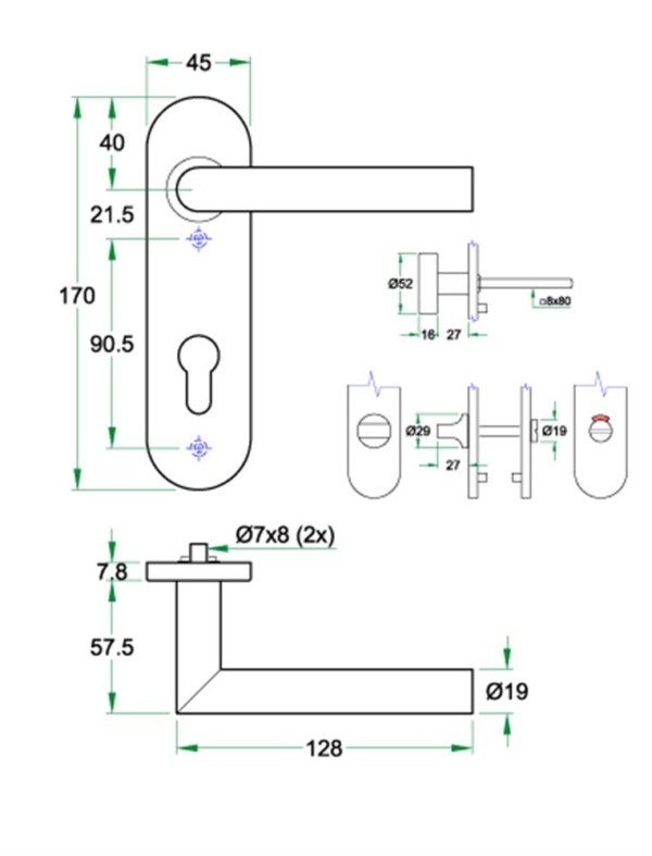 Knop/krukgarn TESSA DIN-L PL KL4 rvs mat PC72 KS