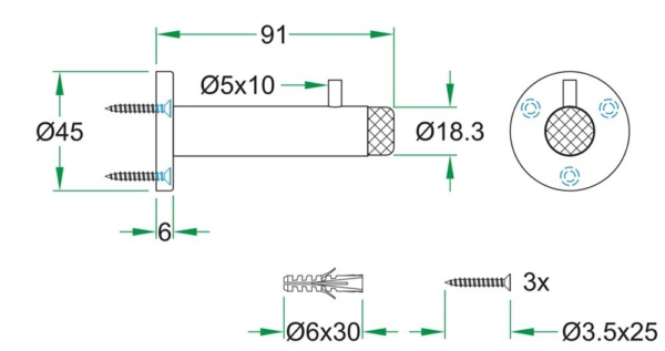 Deurbuffer wandmontage ø45x91mm rvs mat