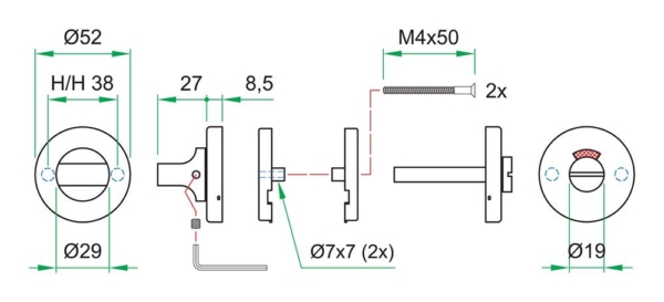 WC garnituur PL rvs mat noodontgr.WC 8mm r/w/g