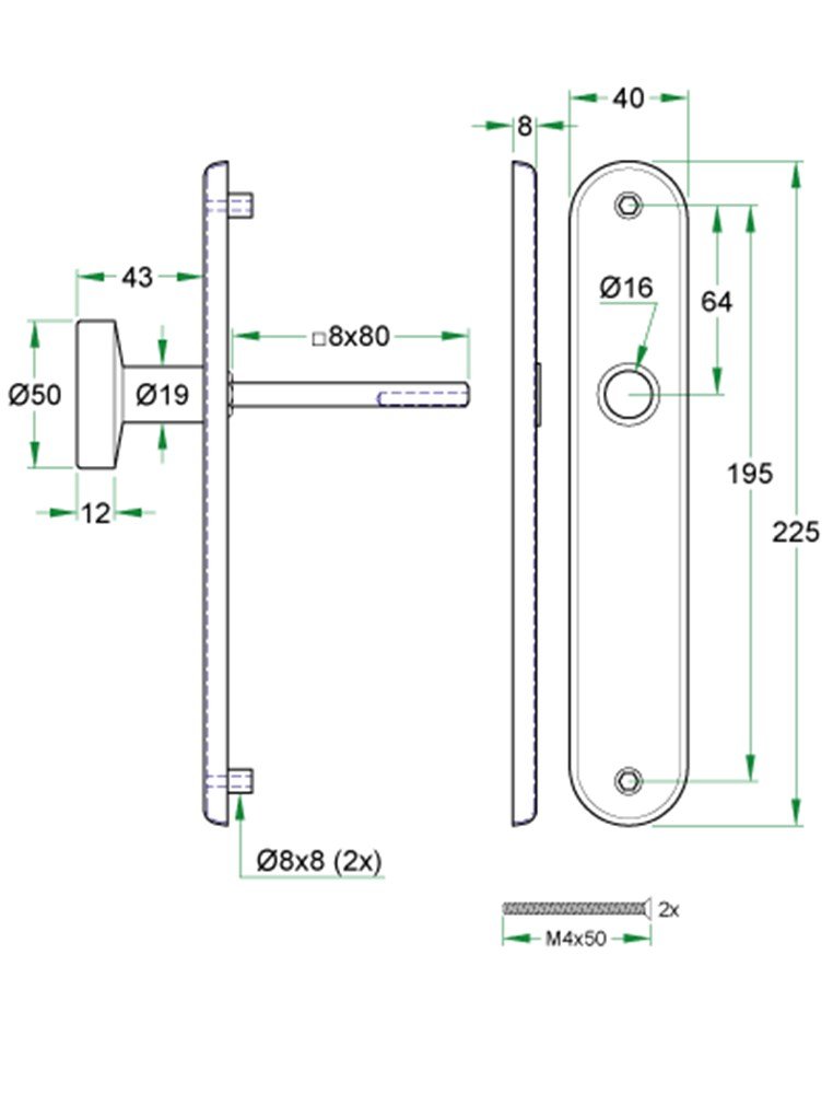 Knop/krukschild afgerond LS rvs mat PC72 mm