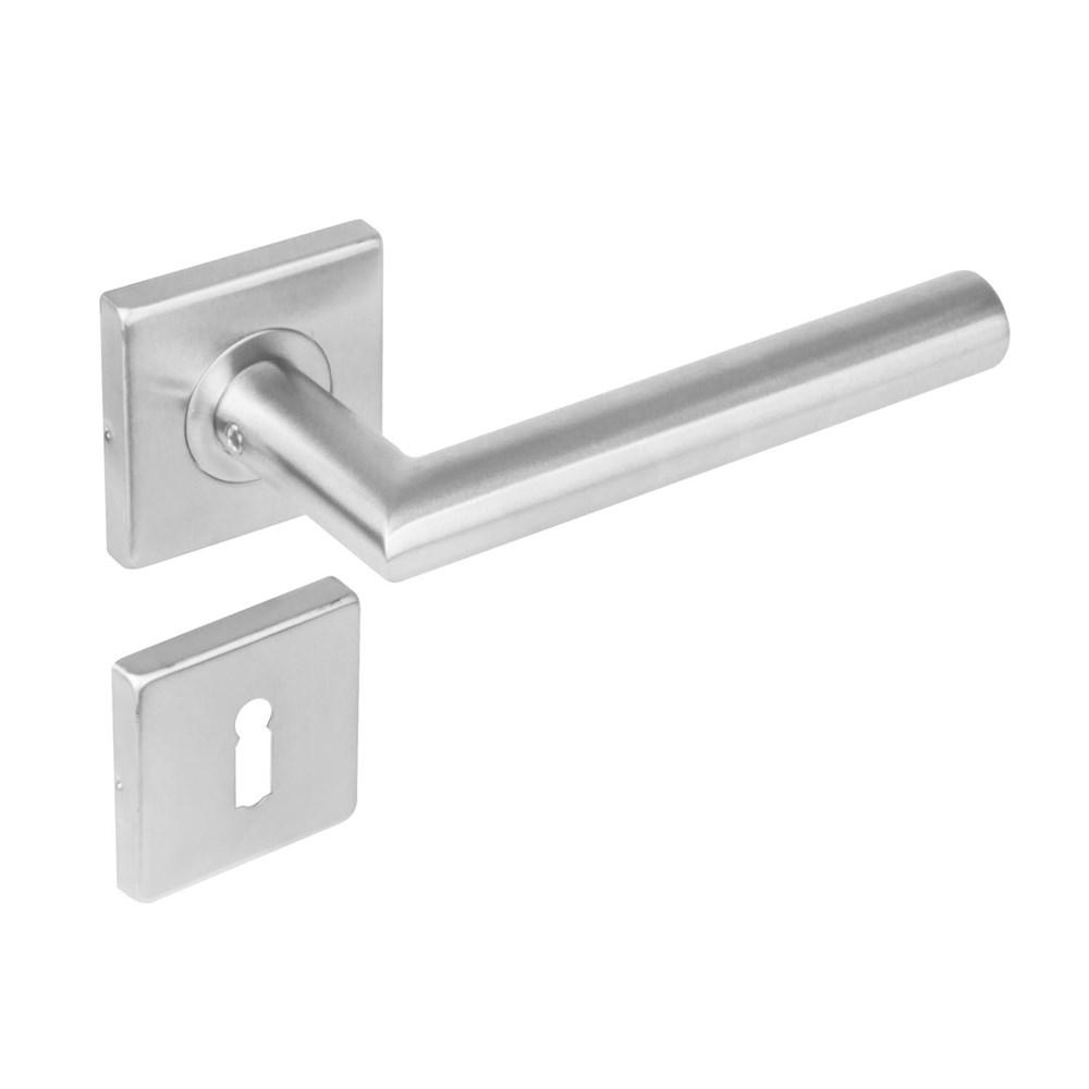 Deurkruk 1242 rechte Hoek 90°op rozet vierkant met sleutelgat plaatjes RVS