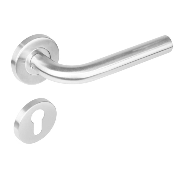 Deurkruk 1270 Recht op rond rozet staal met 7mm nok met profielcilindergat plaatjes RVS