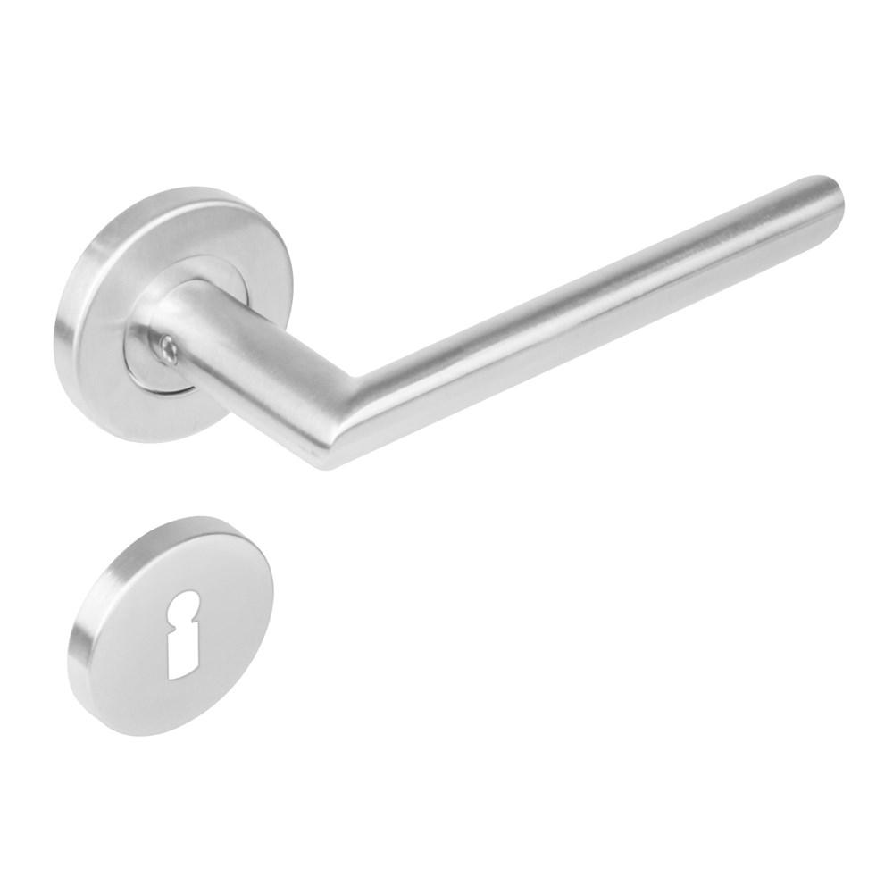 Deurkruk 1273 ovaal Hoek 90°op rond rozet staal met 7mm nok met sleutelgat plaatjes RVS