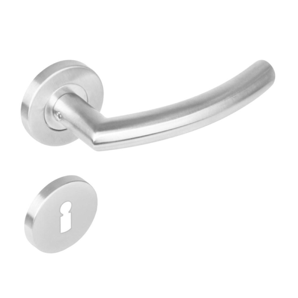 Deurkruk 1277 half rond 90°op rond rozet staal met 7mm nok met sleutelgat plaatjes RVS