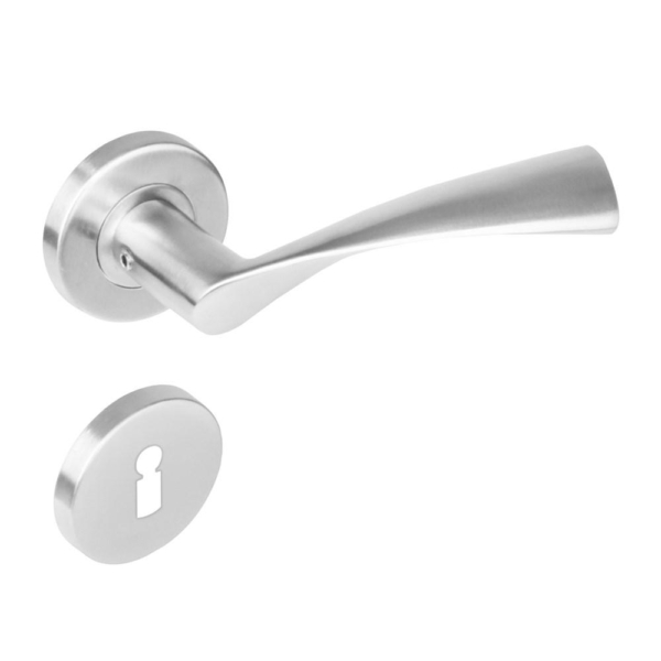 Deurkruk 1279 Vlinder op rond rozet staal met 7mm nok met sleutelgat plaatjes RVS