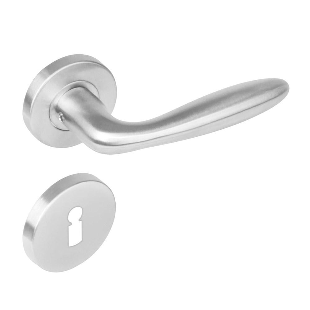 Deurkruk 1281 Jupiter op rond rozet staal met 7mm nok met sleutelgat plaatjes RVS