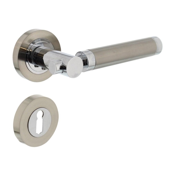 Deurkruk 1698 Birgit op rond rozet 7mm nokken met sleutelgat plaatjes chroom/nikkel mat