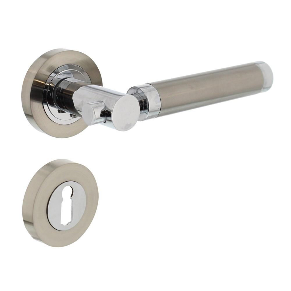 Deurkruk 1698 Birgit op rond rozet 7mm nokken met sleutelgat plaatjes chroom/nikkel mat