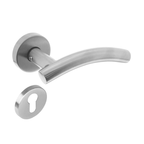 Deurkruk Gebogen met geveerde rozet met profielcilindergat plaatje ATP RVS