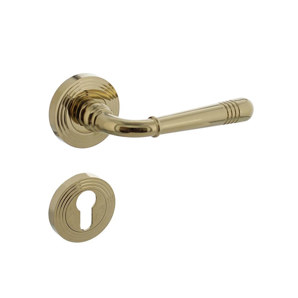 Deurkruk Emily op rozet ø54x9mm met nokken en profielcilindergat plaatjes PVD messingkleur