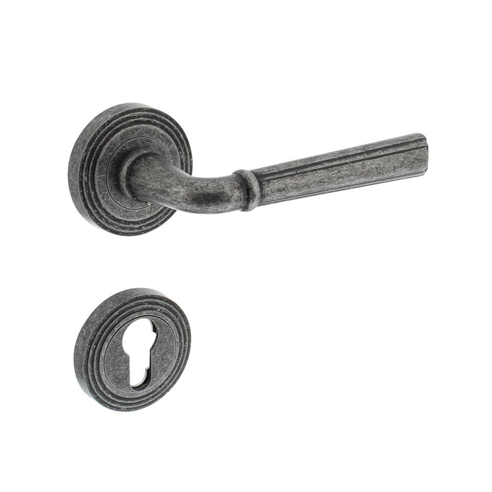 Deurkruk Bellevue op rozet met PC plaatjes oud grijs