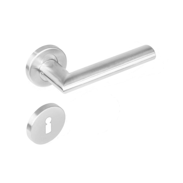 Deurkruk 1283 Girona op rond rozet staal met 7mm nok met sleutelgat plaatjes RVS