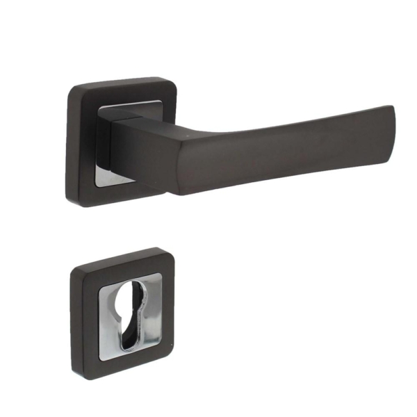 Deurkruk Candy op vierkant rozet antaciet/chroom + PC rozetten vastdraaibaar geveerd