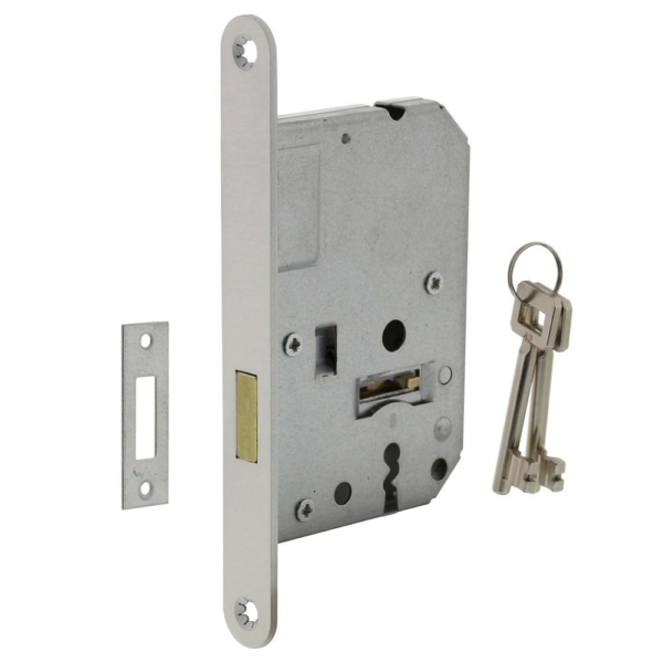 Woningbouw klavier kastslot 55mm, voorplaat afgerond wit gelakt, 20x174, doorn 50mm incl. sluitplaat