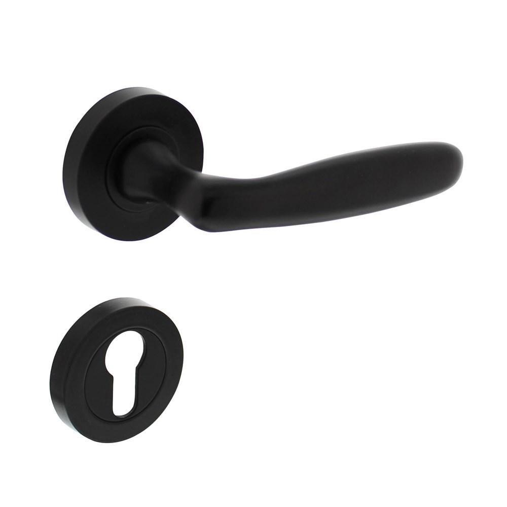 Deurkruk Bjorn op ronde rozet 52x10mm met nokken + profielcilinder plaatjes mat zwart
