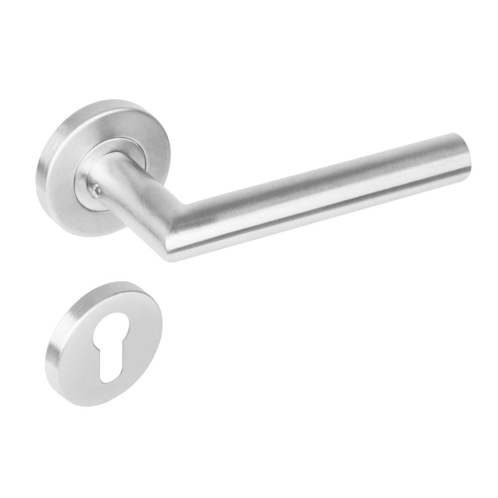 Deurkruk Niesen geveerd op rozet ø53x8 mm + 7mm nokken met profielcilinderplaatjes rvs geborsteld