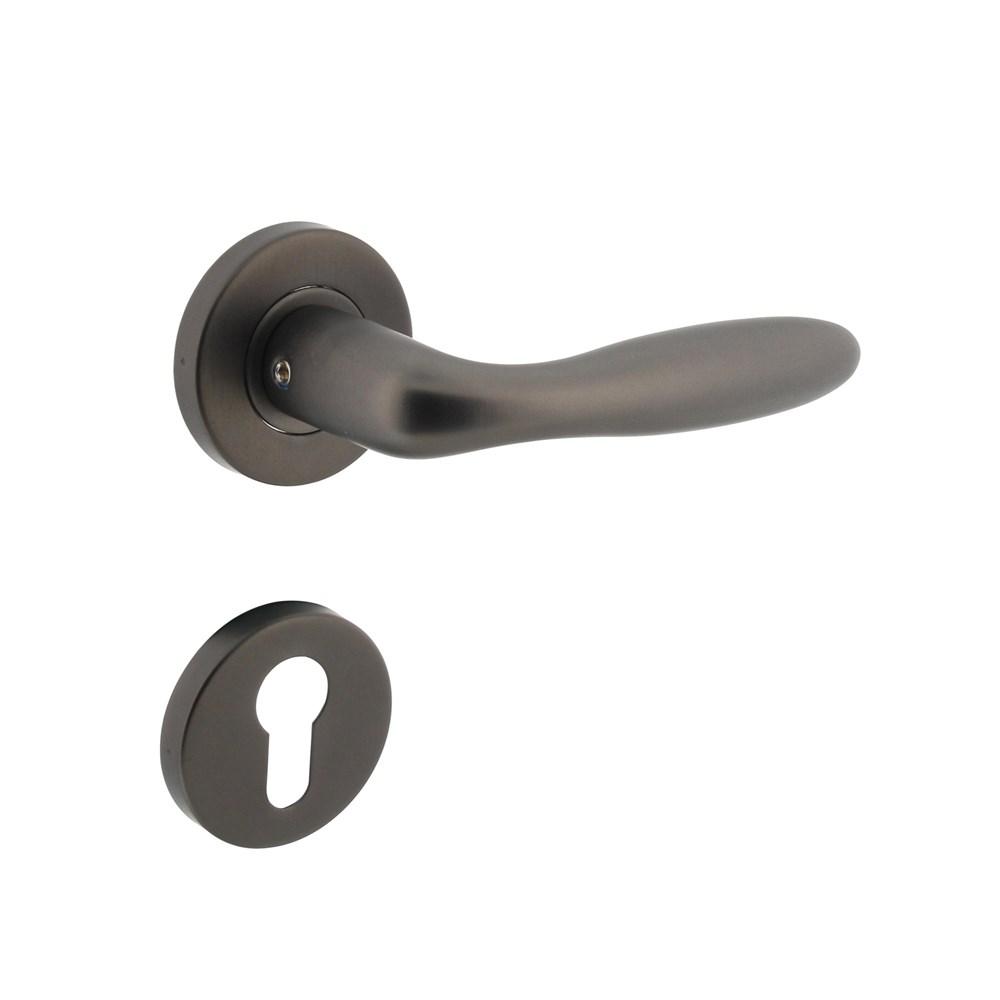 Deurkruk Jupiter op geveerde stalen rozet met nokken ø53x8mm en profielcilinderplaatjes rvs antracie