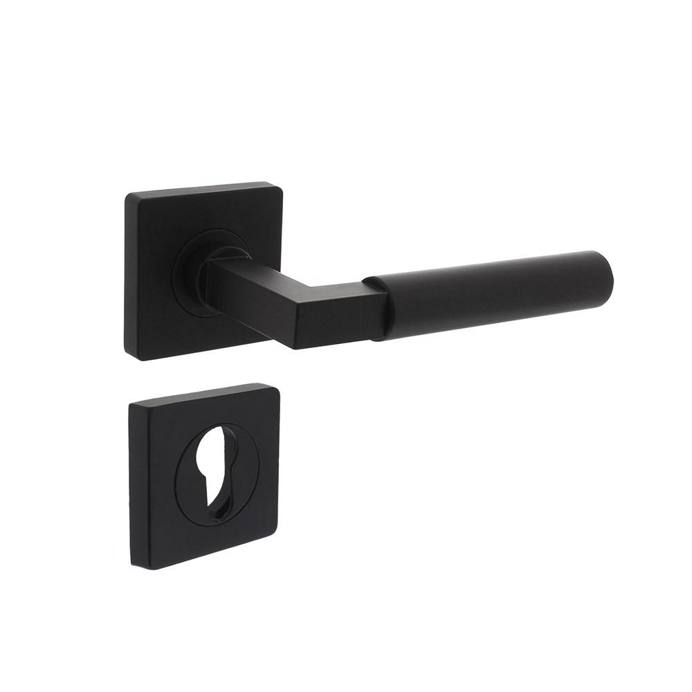 Deurkruk Baustil op vierkante rozet met nokken 55x55x10mm en profielcilindergat plaatjes zwart