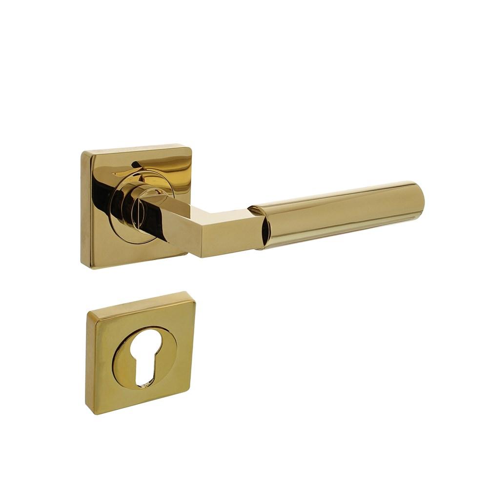 Deurkruk Baustil op vierkante rozet met nokken 55x55x10mm en profielcilindergat plaatjes PVD messing