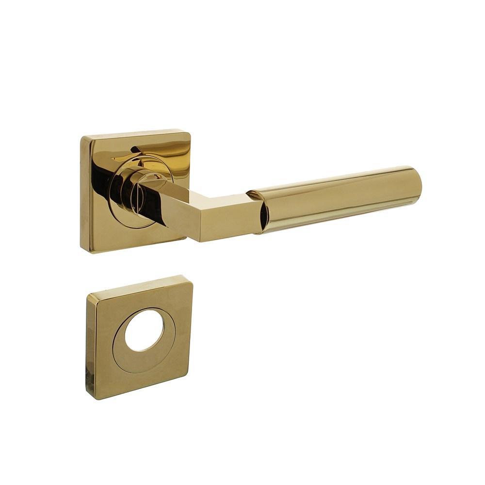 Deurkruk Baustil op vierkante rozet met nokken 55x55x10mm en rondcilindergat plaatjes PVD messingkle