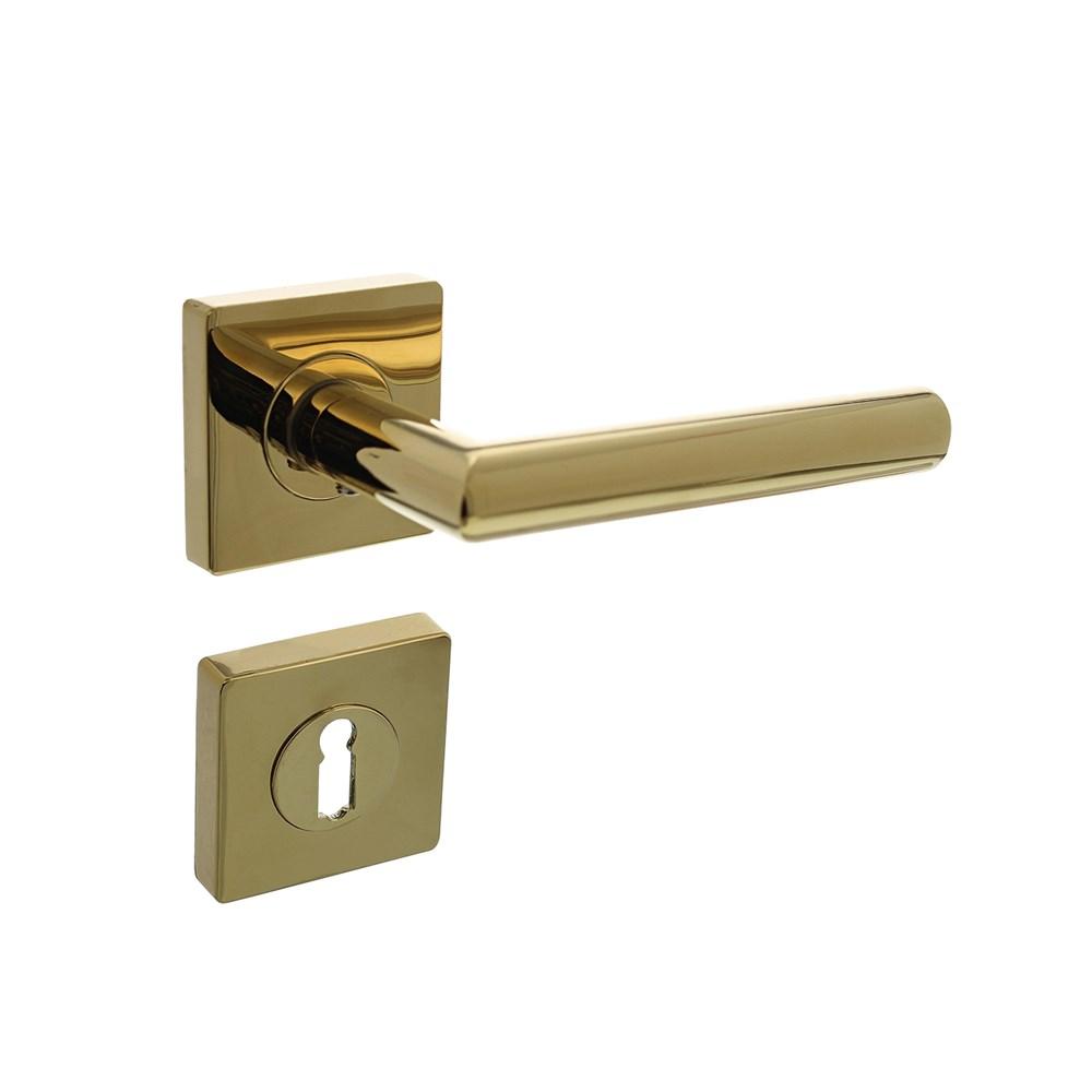 Deurkruk Bastian op vierkante rozet met nokken 55x55x10mm en sleutelplaatjes PVD messingkleur