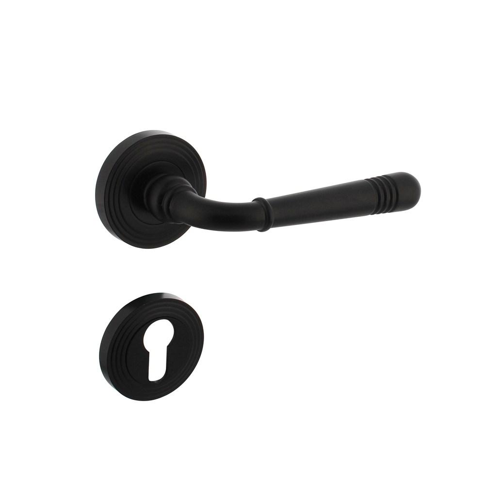 Deurkruk Emily op rozet verdekt met rillen ø55x10mm met nokken en cilinderrozetten zwart