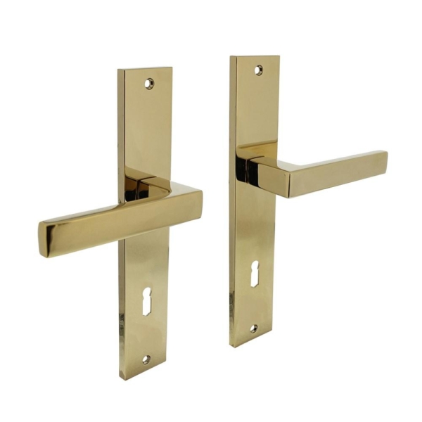 Deurkruk Hera op schild rechthoekig 245x45mm sleutelgat 78mm PVD messingkleur