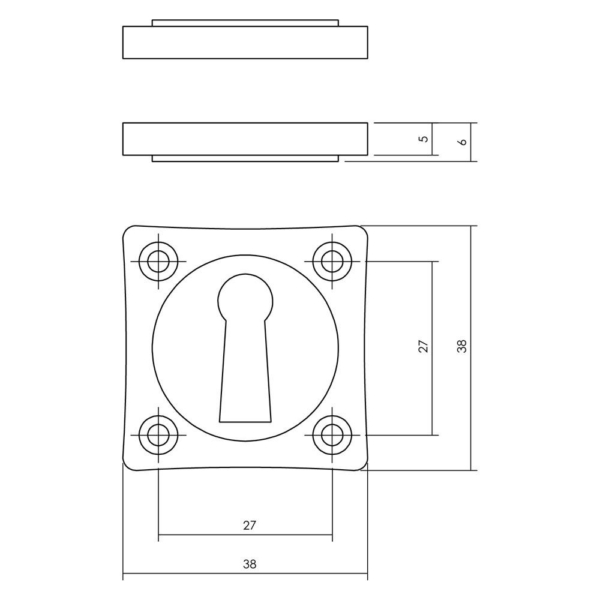 Sleutelrozetten basic 38x38x5mm nikkel mat