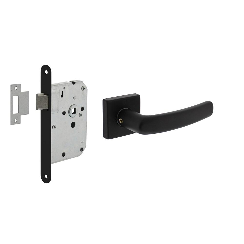 Set loopslot zwart met deurkruk Denham op rozet 50x50mm zwart